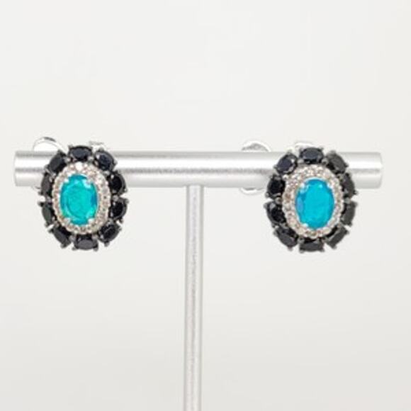 Genuine Untreated Paraiba Blue Opal Black Spinel White Zircon Earrings - Picture 9 of 16
